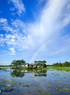 Houses in the middle of a flooded field, a rainbow above the house reflecting on the water on a bright day